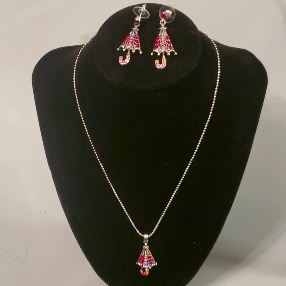 (3pc)NWT Umbrella necklace, bracelet, & earrings ruby red rhinestones group.
